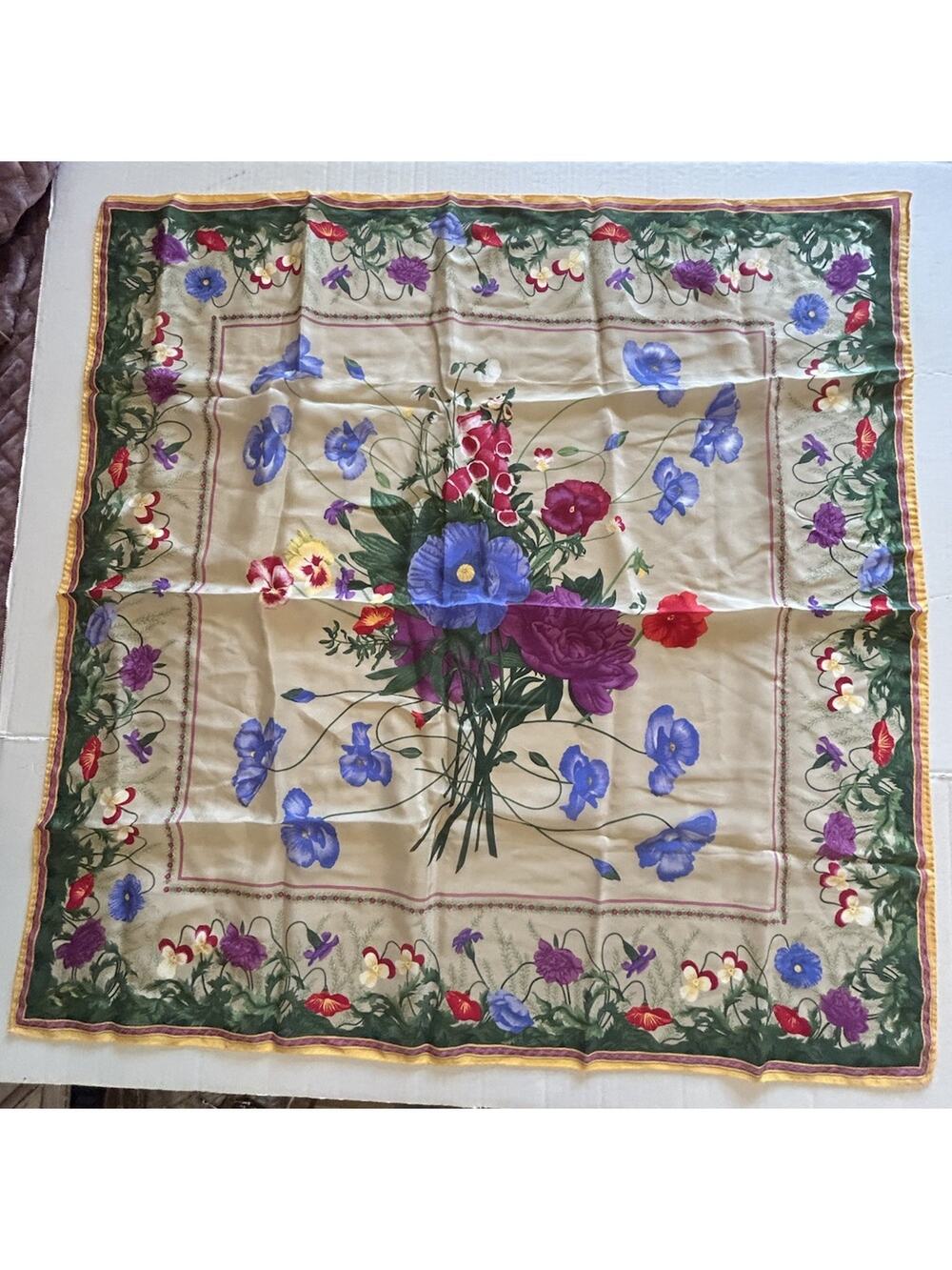 Vtg SILK Liz Claiborne Cream Purple Floral Scarf Peonies Pink Border 20” Square